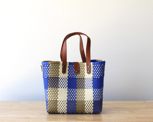 MexiMexi Royal Blue Checkered Bag – Handmade Tote with Leather Handles